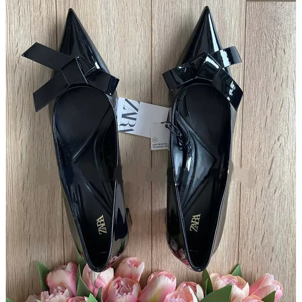ZARA Black Patent Bow Pumps Pointed Toe Block Heel Office Shoes NWT 6.5